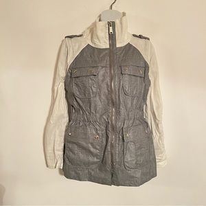 Luii  Full Zip 4 Front Snap Pocket Linen  Jacket Women Size L Gray / White